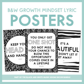 Growth Mindset Lyric Posters | Black and White Music Room Decor